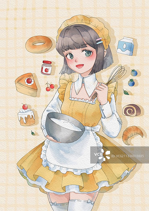 水彩风格二次元西点萝莉小厨娘插画图片素材