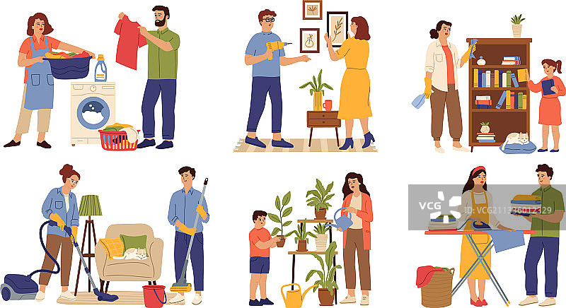 家庭主妇清洁房屋，清洗儿童衣物图片素材