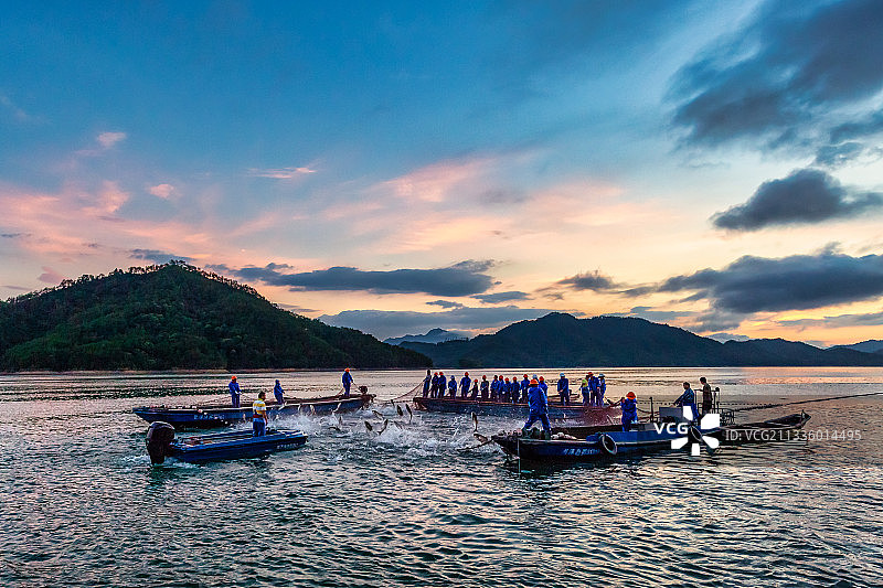 千岛湖巨网捕鱼作业场景图片素材