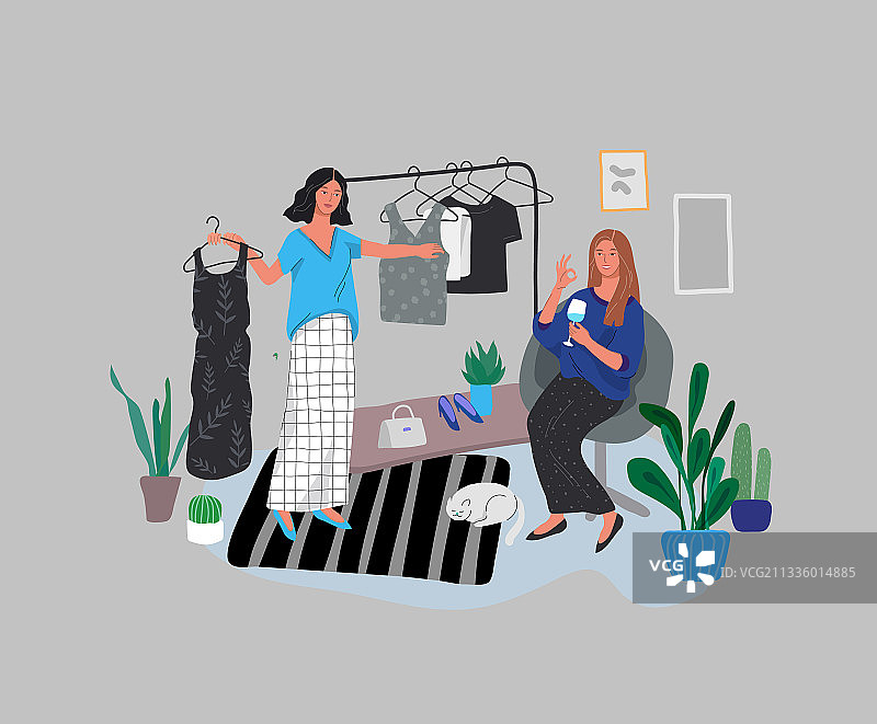 女孩们在衣柜里挑选服装并喝酒图片素材