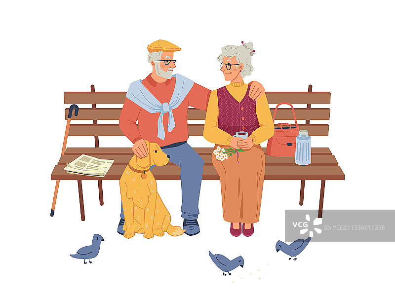 长凳上的老年人、鸽子和狗图片素材
