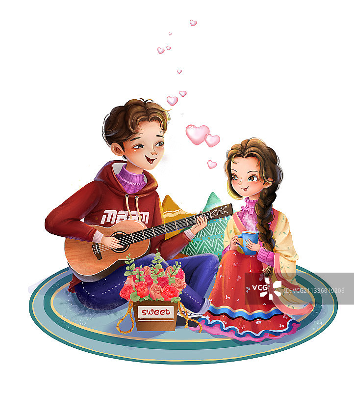 室内玻璃房小情侣弹吉他喝茶图片素材