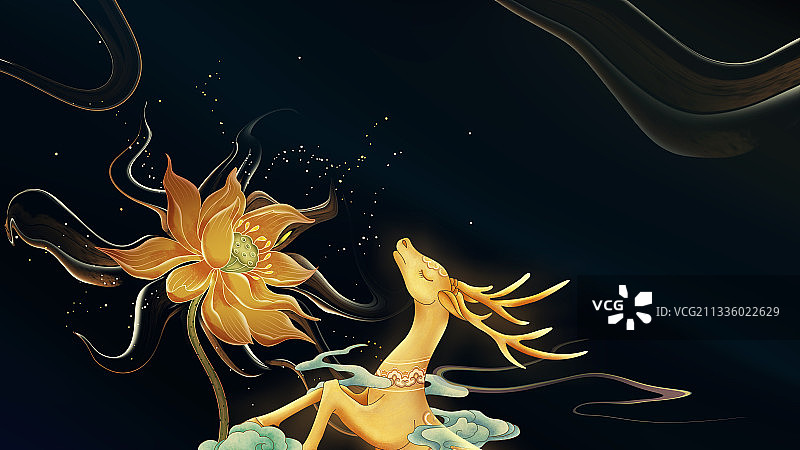 鹿与荷花意境插画图案图片素材