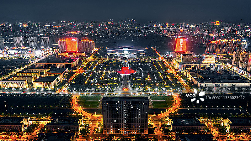 河南省信阳市羊山新区天际线夜景航拍图片素材