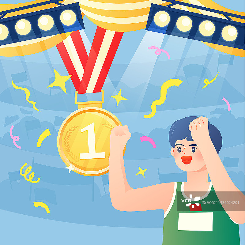 男孩在金牌前欢呼矢量插画背景图片素材