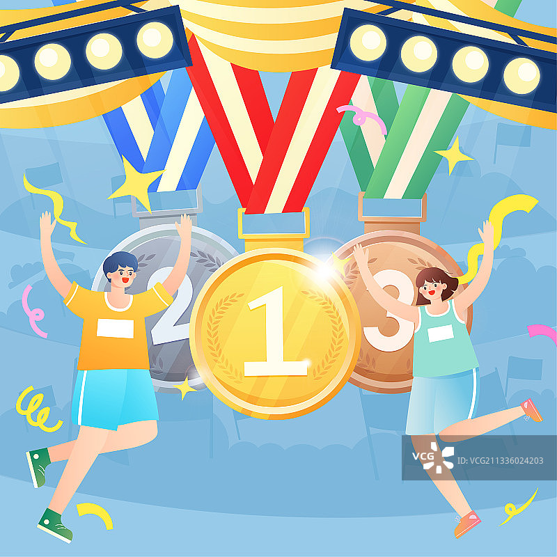 男女运动员站在奖牌前庆祝矢量插画海报方图图片素材