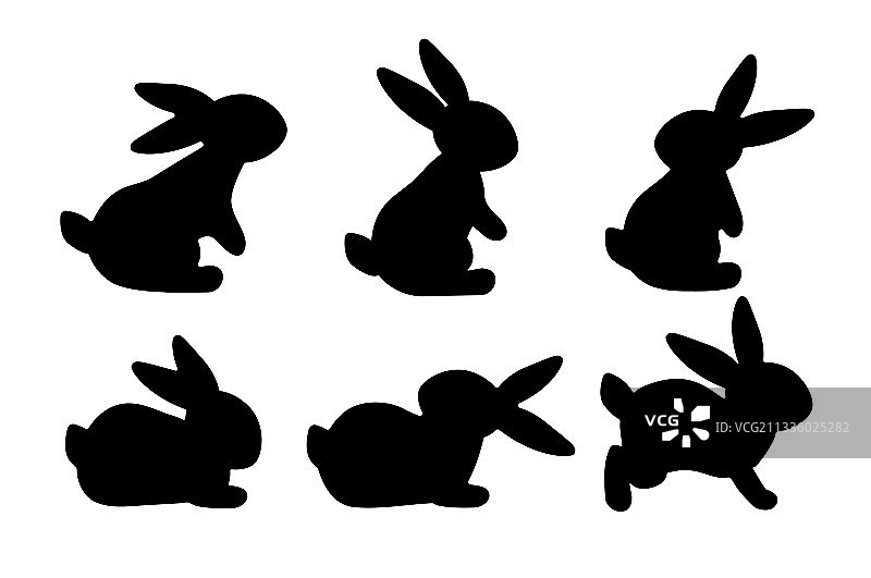 白色背景上的一组可爱兔子黑色剪影图片素材