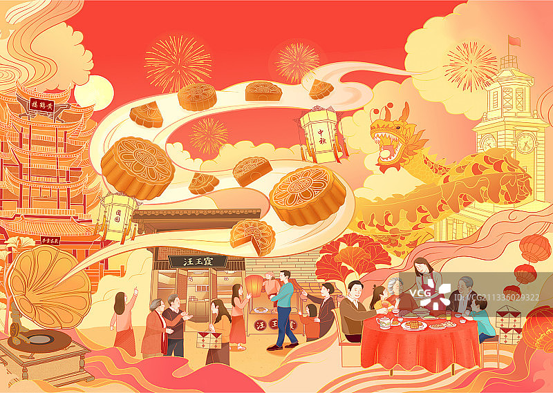 中秋节一家人团圆插画、月饼主视觉图片素材