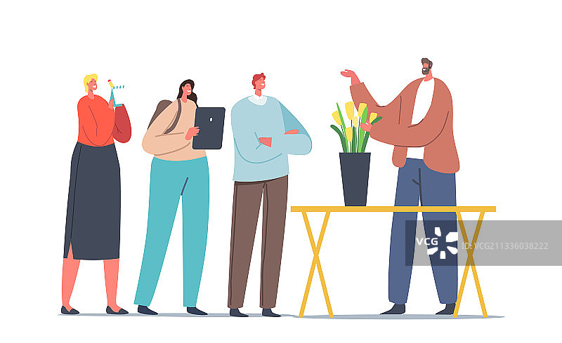 花店店员为男性表演日式插花艺术图片素材