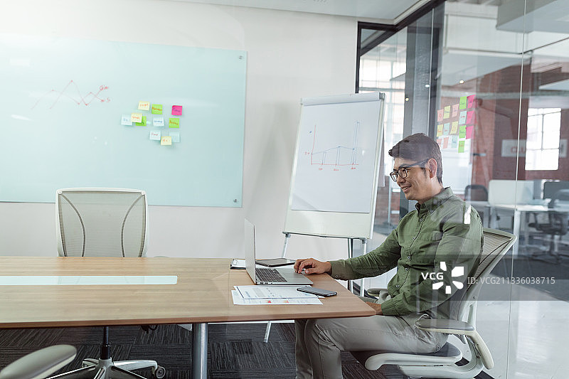 透过玻璃墙看到的在会议室使用笔记本电脑的亚洲商人图片素材