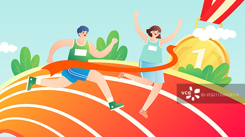 男孩女孩跑过终点线矢量插画海报横图图片素材