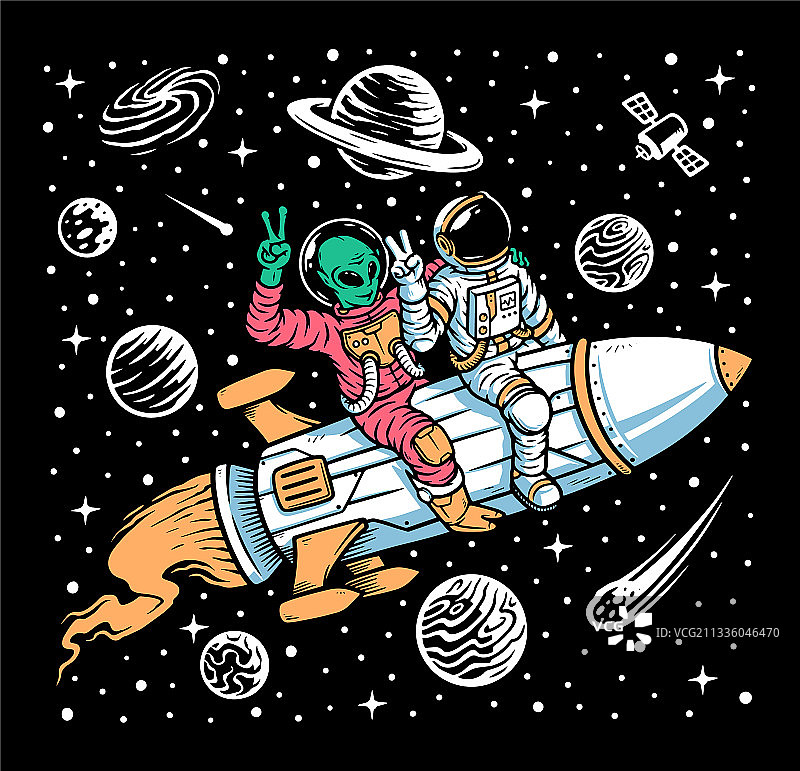 宇航员和外星人乘坐火箭图片素材