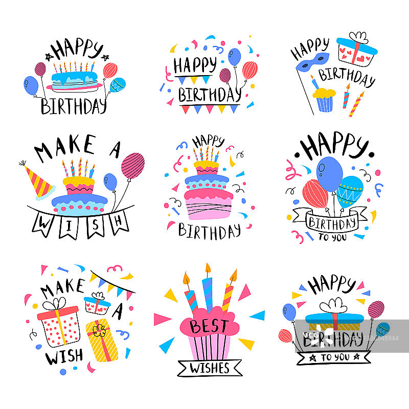 生日快乐彩色标签徽章标志套装概念图片素材