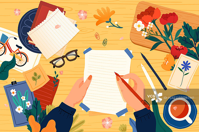 卡通教师节学生学习读书教育桌面顶视图写作写信书签情感矢量插画图片素材