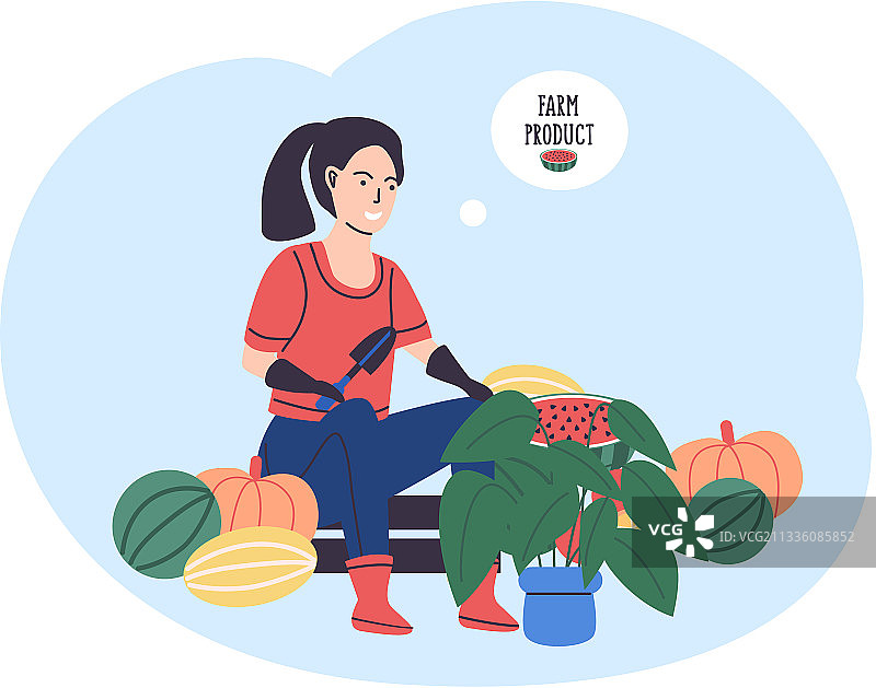 woman farmer sitting on wooden box with vegetables图片素材