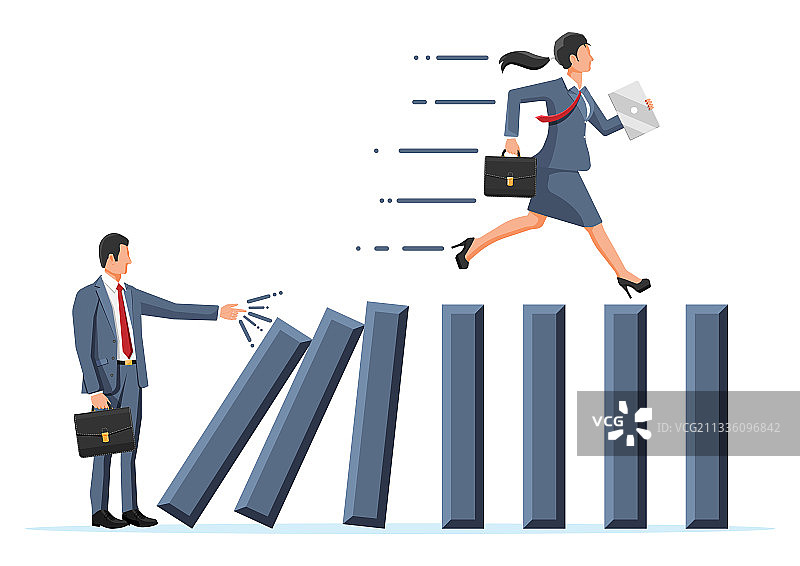 从倒塌多米诺骨牌中逃脱的职业女性图片素材