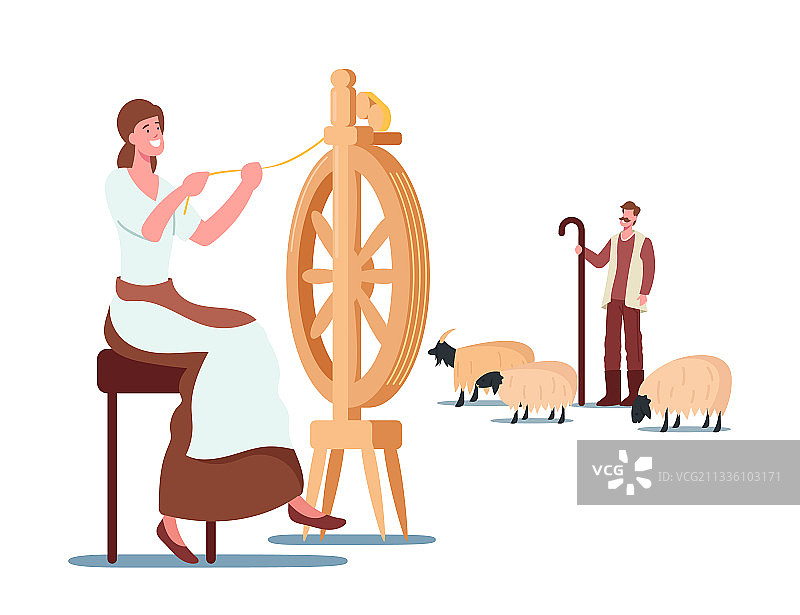 羊绒生产概念：纺羊毛的女人图片素材