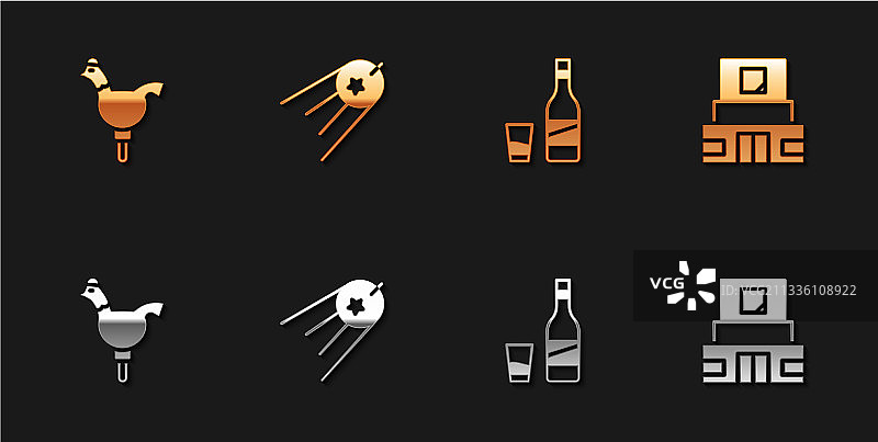 公鸡、棒棒糖、卫星、瓶子和伏特加套装图片素材