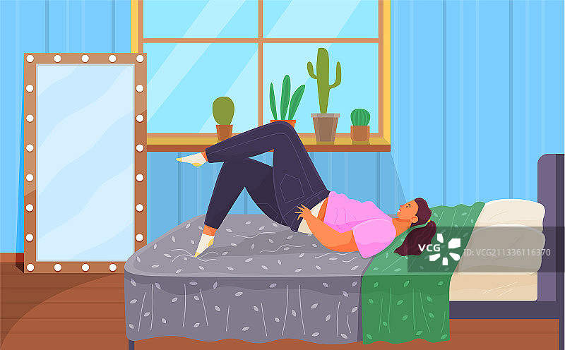 胖女人躺在床上穿紧身牛仔裤图片素材