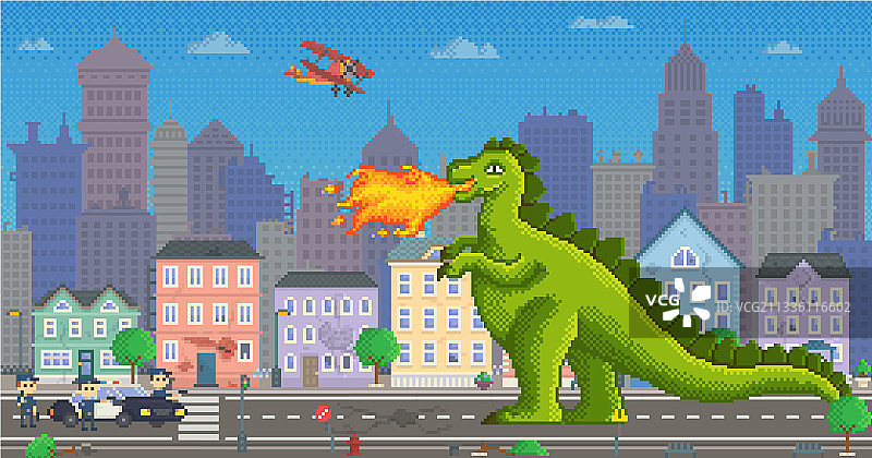 绿色像素龙与直升机战斗图片素材