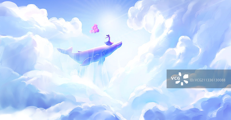 云端上拿着气球的女孩与鲸鱼图片素材