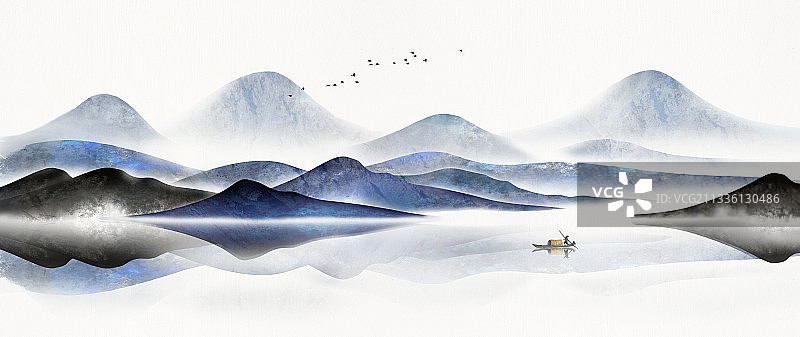 蓝色意境水墨山水画图片素材