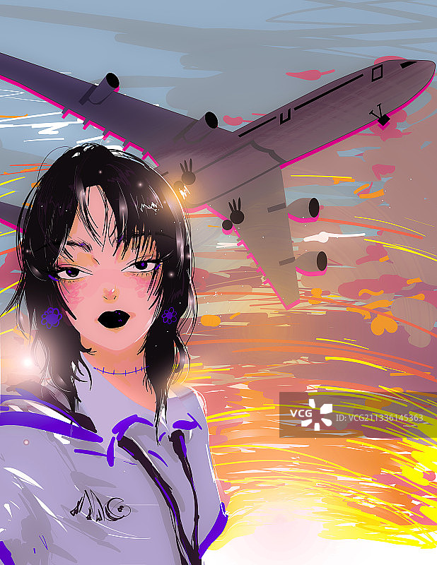 毕业长发旅游AK甜酷暗黑潮流少女狼尾飞机朝阳晚霞唯美矢量插画图片素材