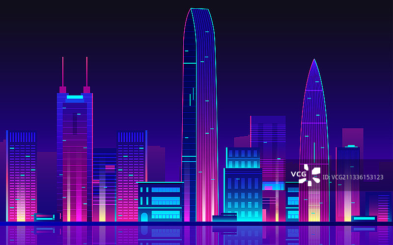 深圳城市建筑群夜景金融中心地标矢量插画图片素材
