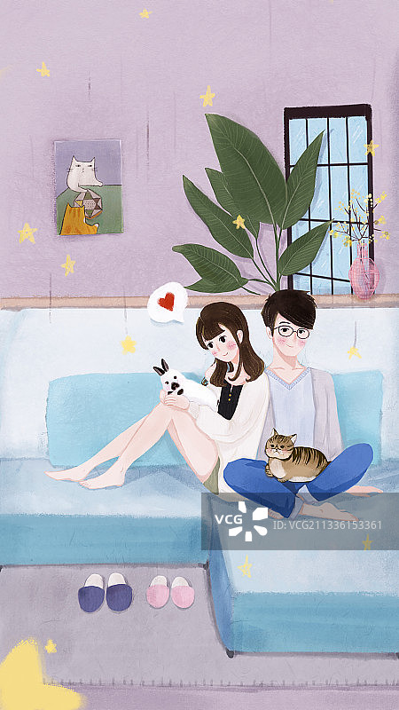 沙发上与宠物互动的情侣扁平插画图片素材