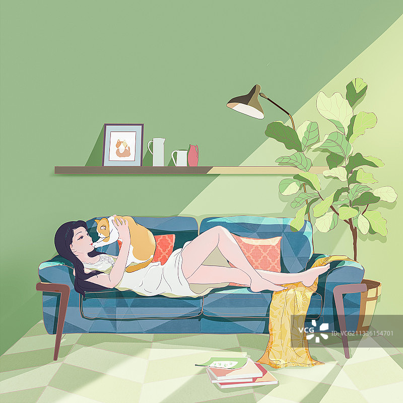躺在沙发上抱着猫的居家女性插画图片素材