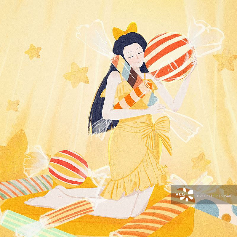 在室内抱着糖果的女孩插画图片素材