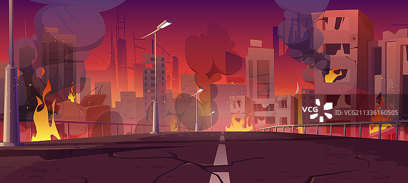 城市战争摧毁燃烧的建筑物桥梁图片素材