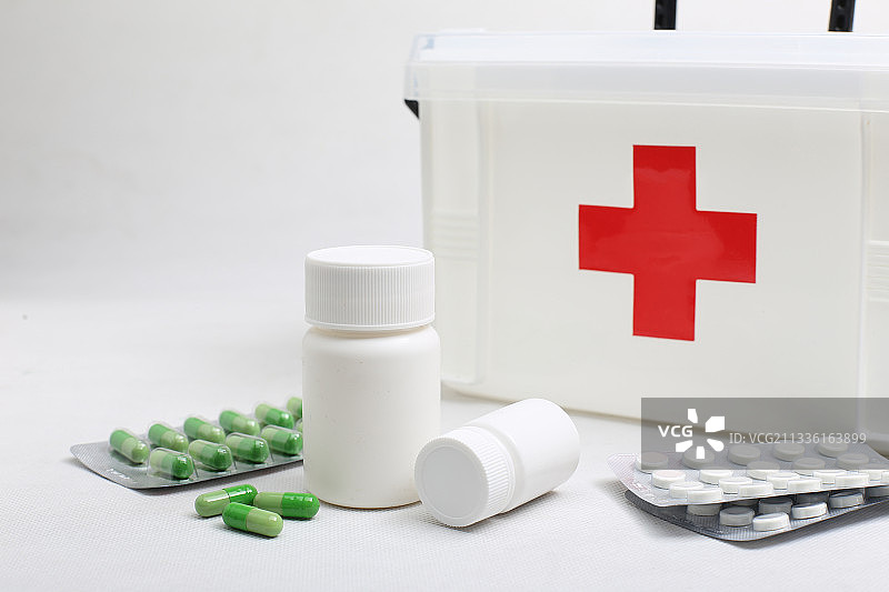 白色药瓶胶囊放在家庭急救箱前图片素材