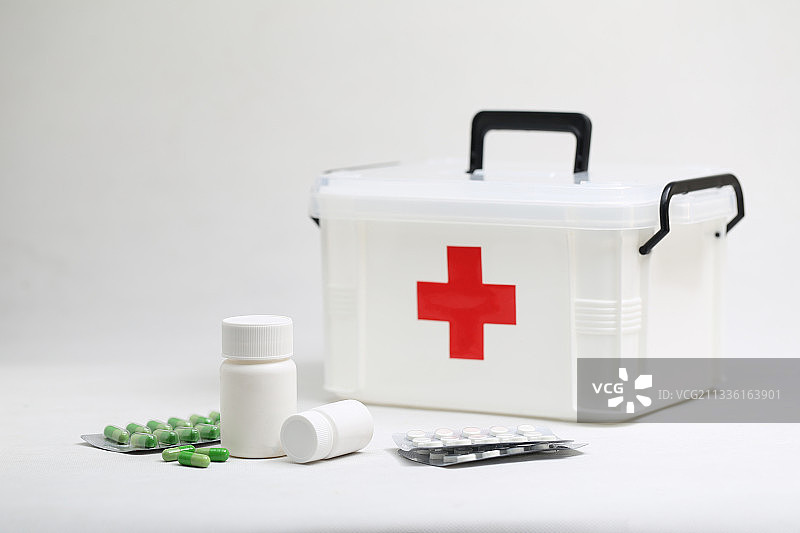 白色药瓶胶囊放在家庭急救箱前图片素材