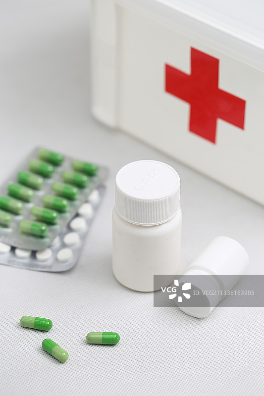 白色药瓶胶囊放在家庭急救箱前图片素材