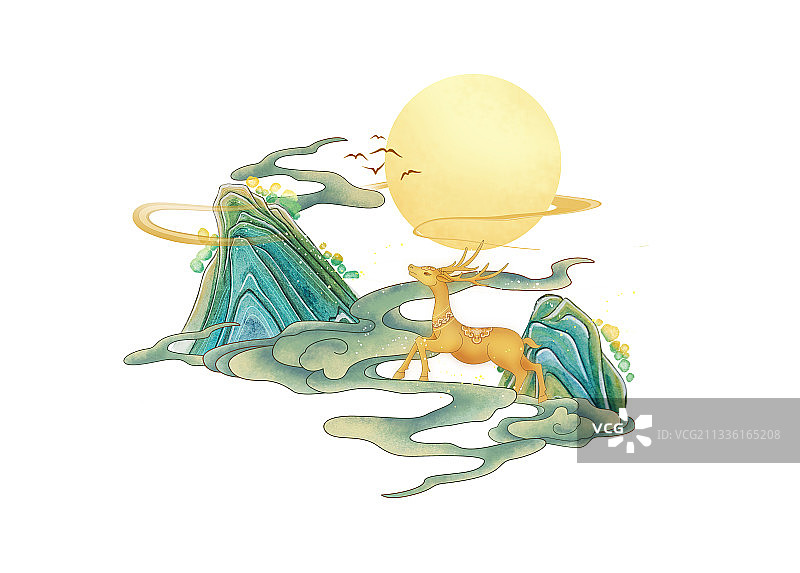 鹿山水插画图案白色背景图片素材