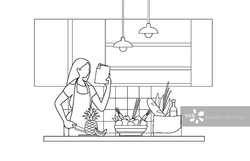 线条艺术绘画：正在做饭的女人图片素材