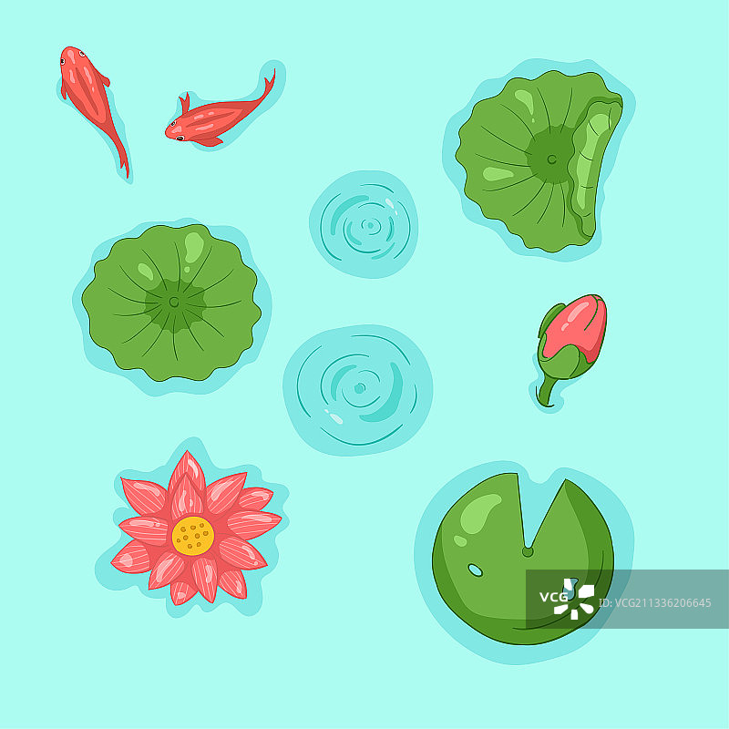 夏日荷花池鲤鱼荷叶系列手绘插画素材集合图片素材