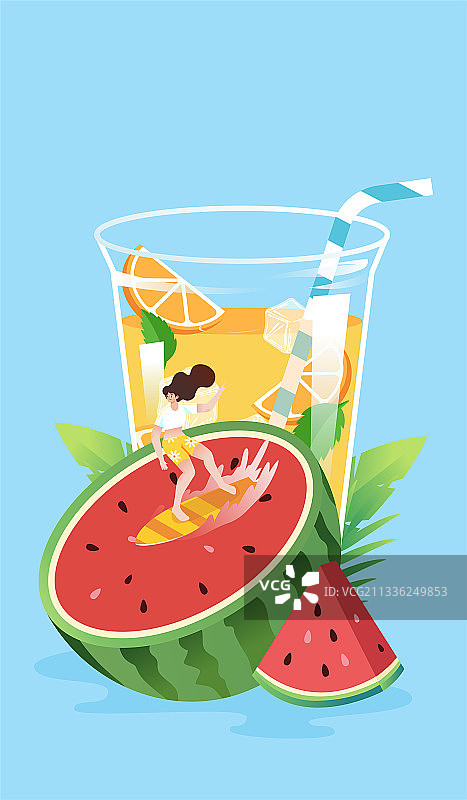 西瓜冲浪插画图片素材