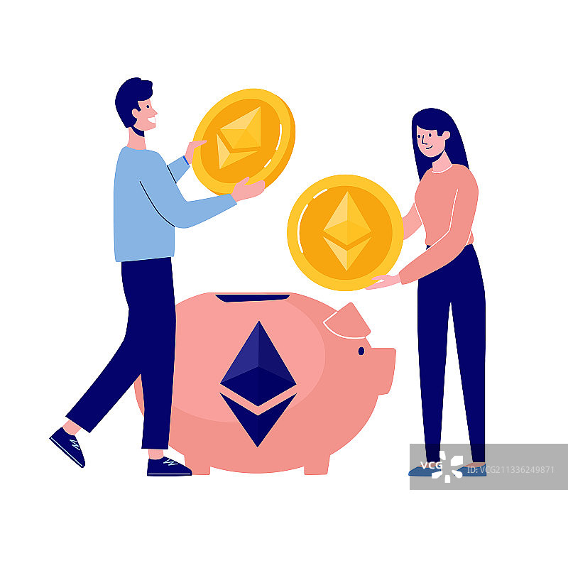 男人和女人往存钱罐里投钱图片素材