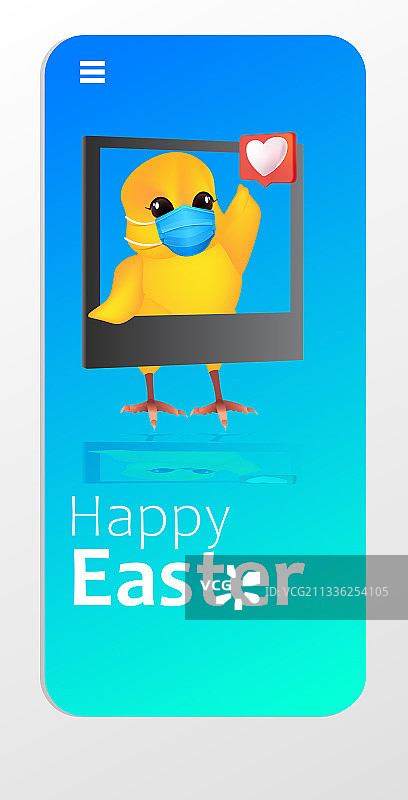戴口罩的小鸡使用手机App庆祝复活节图片素材