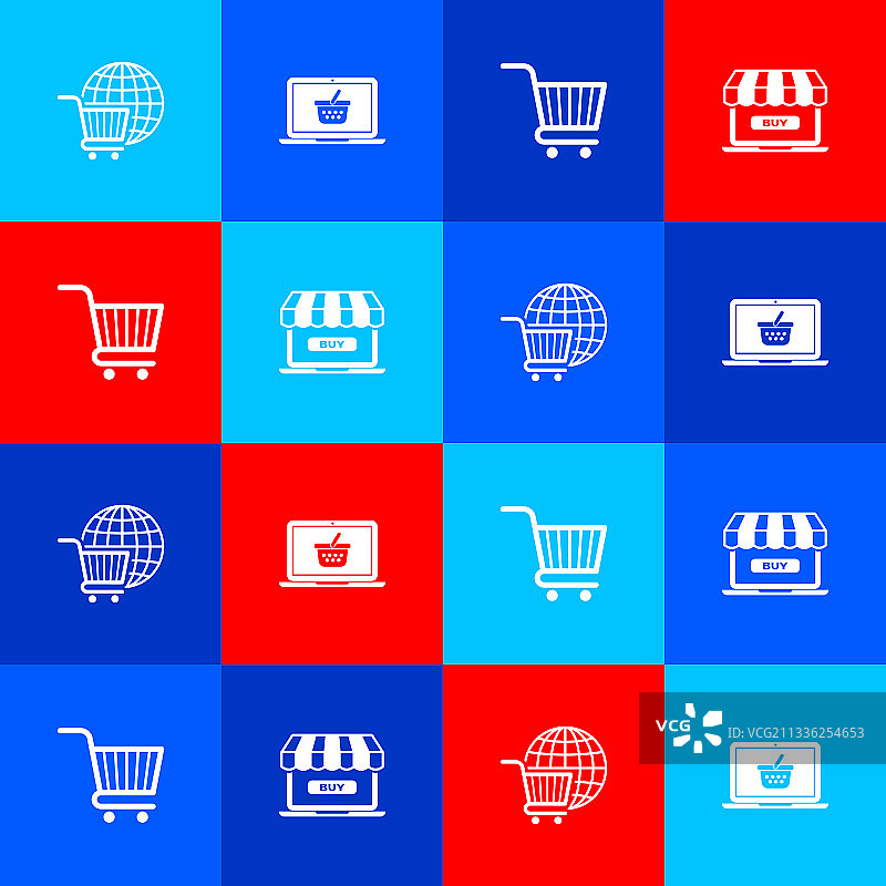 笔记本电脑上的购物车与地球仪购物篮图片素材