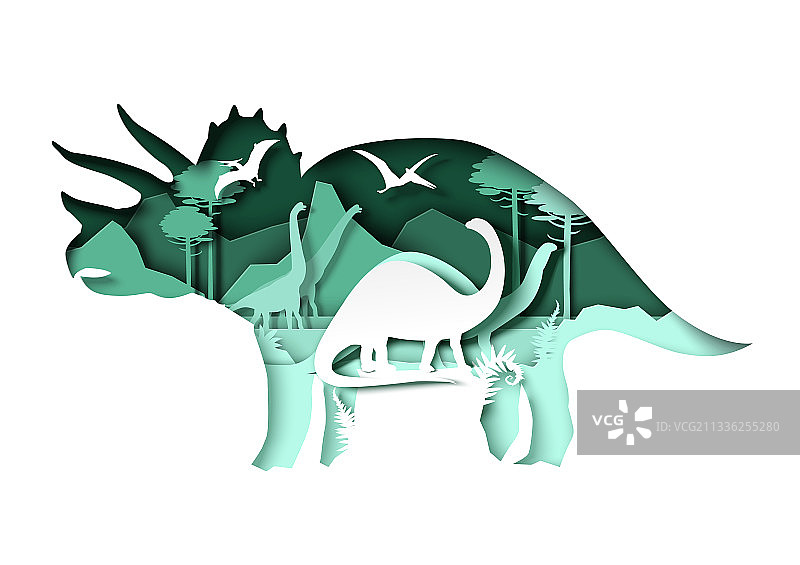 纸剪恐龙轮廓与自然景观图片素材