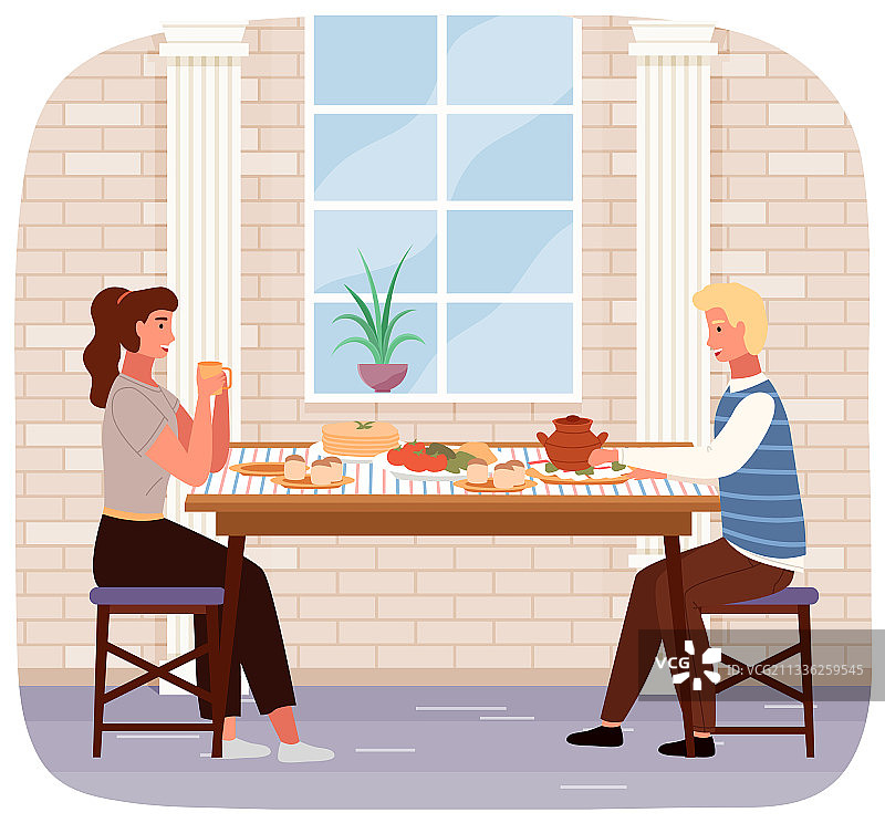 男人和女人晚餐吃罗宋汤和甜甜圈图片素材