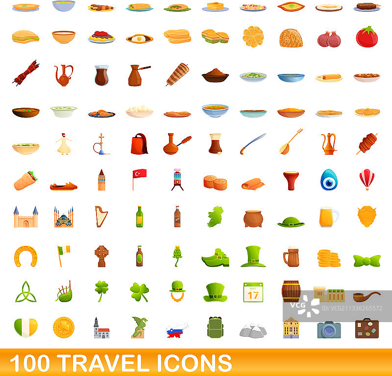 100个卡通风格旅行图标合集图片素材