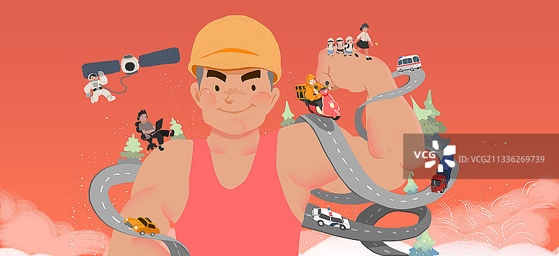 巨大的工人承托起公路和劳动人民 （简约插画）图片素材