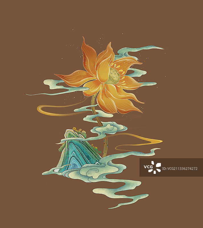 盛开的荷花与祥云插画图片素材