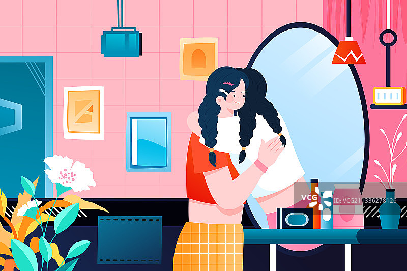 卡通拥抱自我自己情感表达沟通感性镜子彩妆美妆电商促销矢量插画图片素材