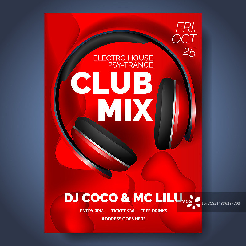 带耳机舞会流体俱乐部海报图片素材