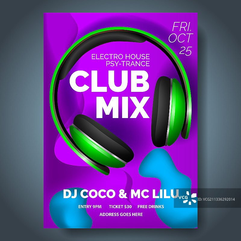 带耳机舞会流体俱乐部海报图片素材